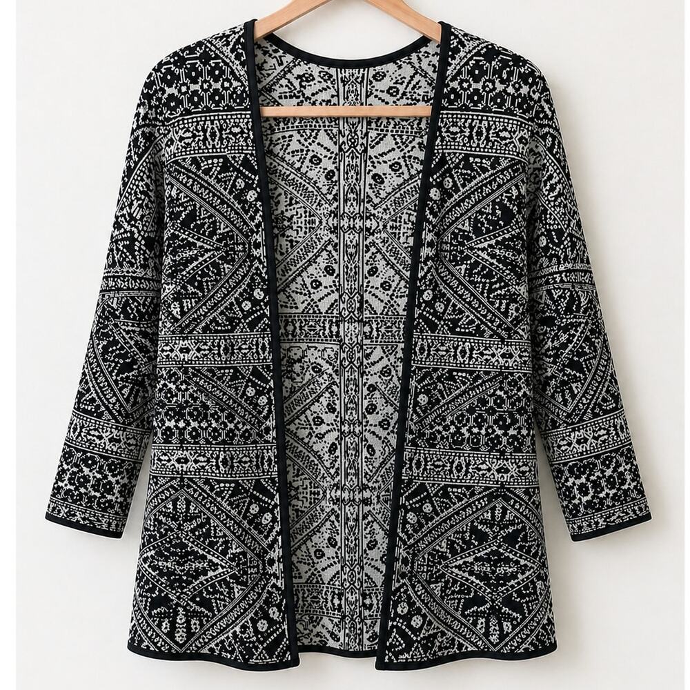 Chico’s Navy Blue White Print Cotton Open Front Cardigan 3/4 sleeve Size 2 M/L